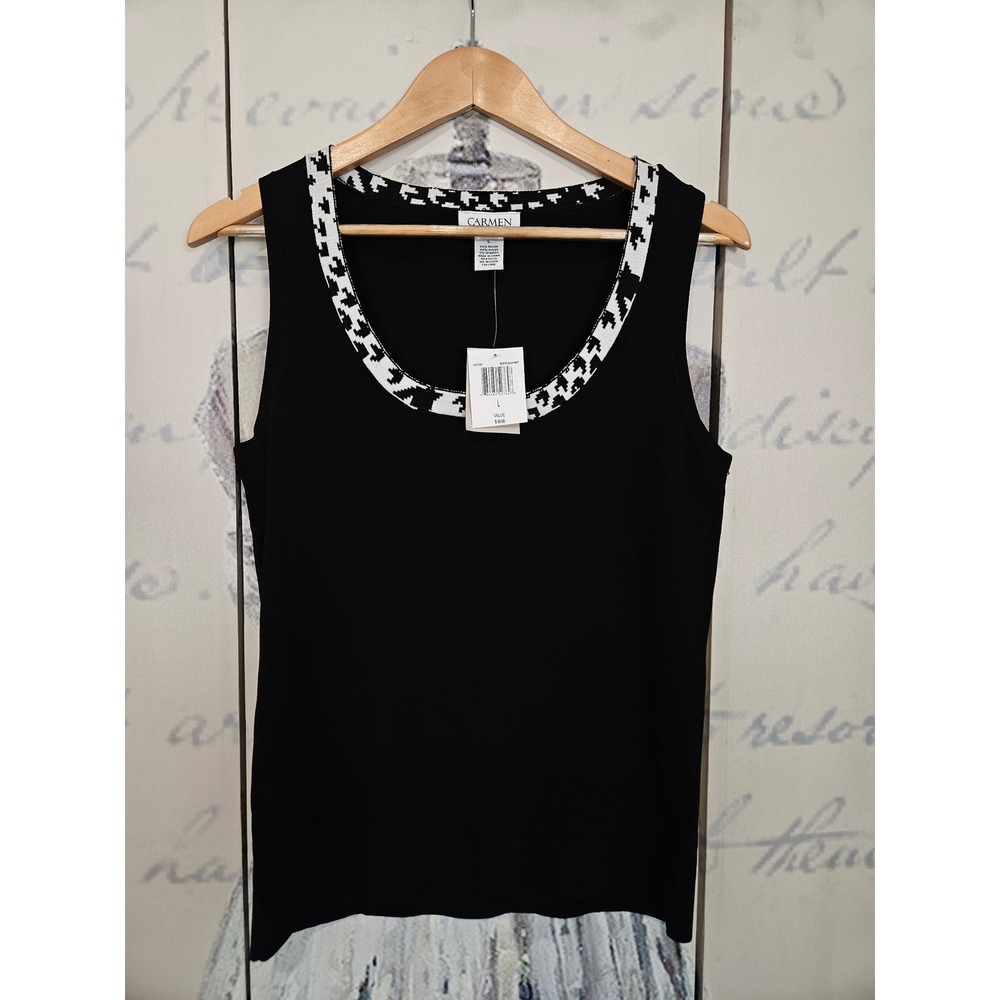 NWT Carmen Marc‎ Valvo Tank Top Large Black Houndstooth Trim Knit Shell Scoop